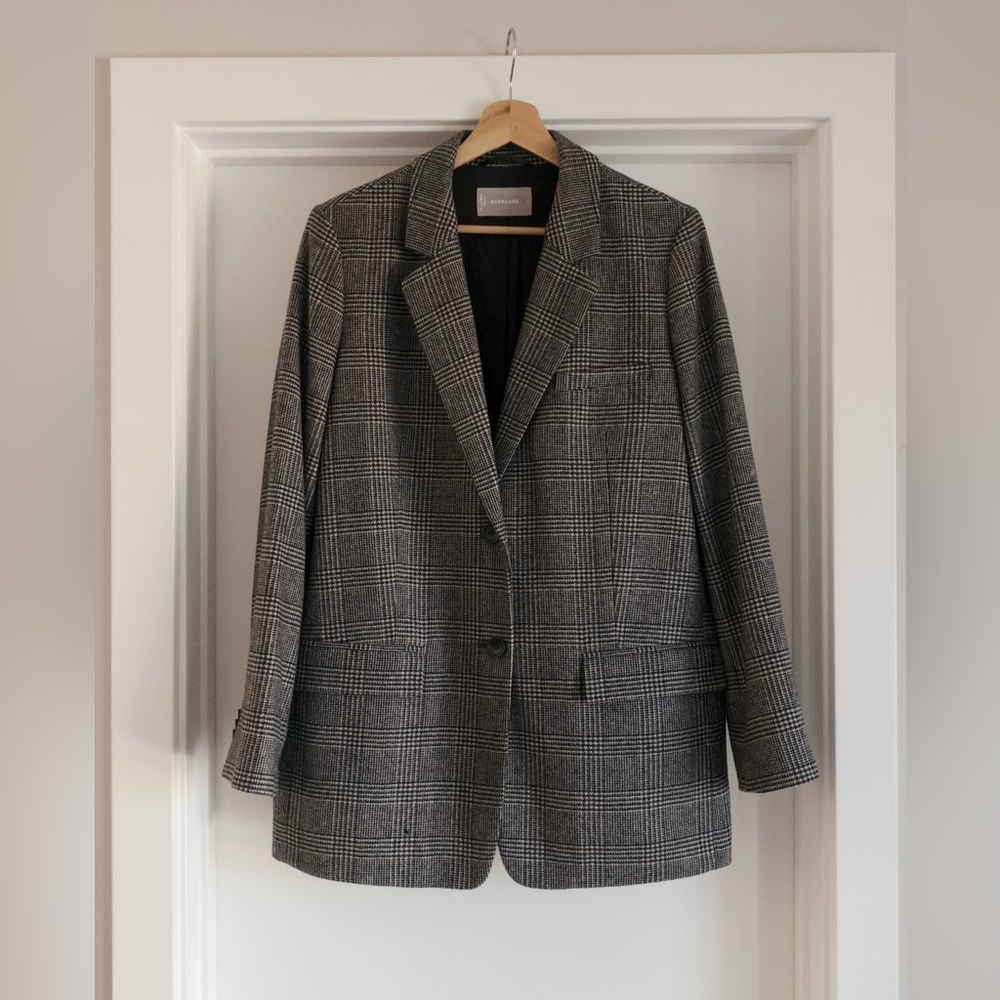 Everlane Classic Black & White Houndstooth Tweed Checkered Wool Blazer